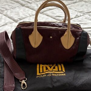 Pour La Victoire Maroon and Black Satchel with Tan Accents